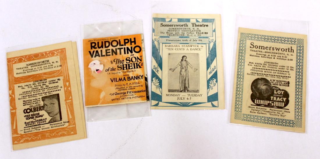 Programs inc. Valentino in Son of the Sheik (4): Rudolph Valentino in The Son of the Sheik ; Claudette Colbert in The Bride Comes Home at the Somersworth Theatre, NH; Myrna Loy and Spencer Tracy in Whipsaw; Barbara Stanwyck in Ten Cents a Dance, all