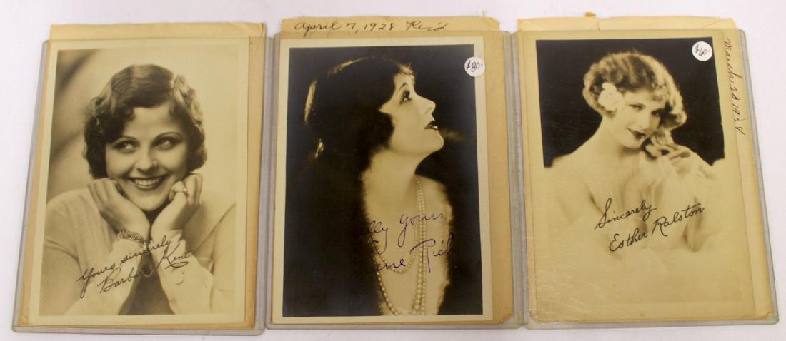 1920's Autographed Movie Star Photos (3): Esther Ralston, Irene Rich and Barbara Kent are stamped (middle) and other two are preprinted. and include the Paramount, Warner Bros. and Universal envelopes in which they were sent.1920's. 5" x 7"