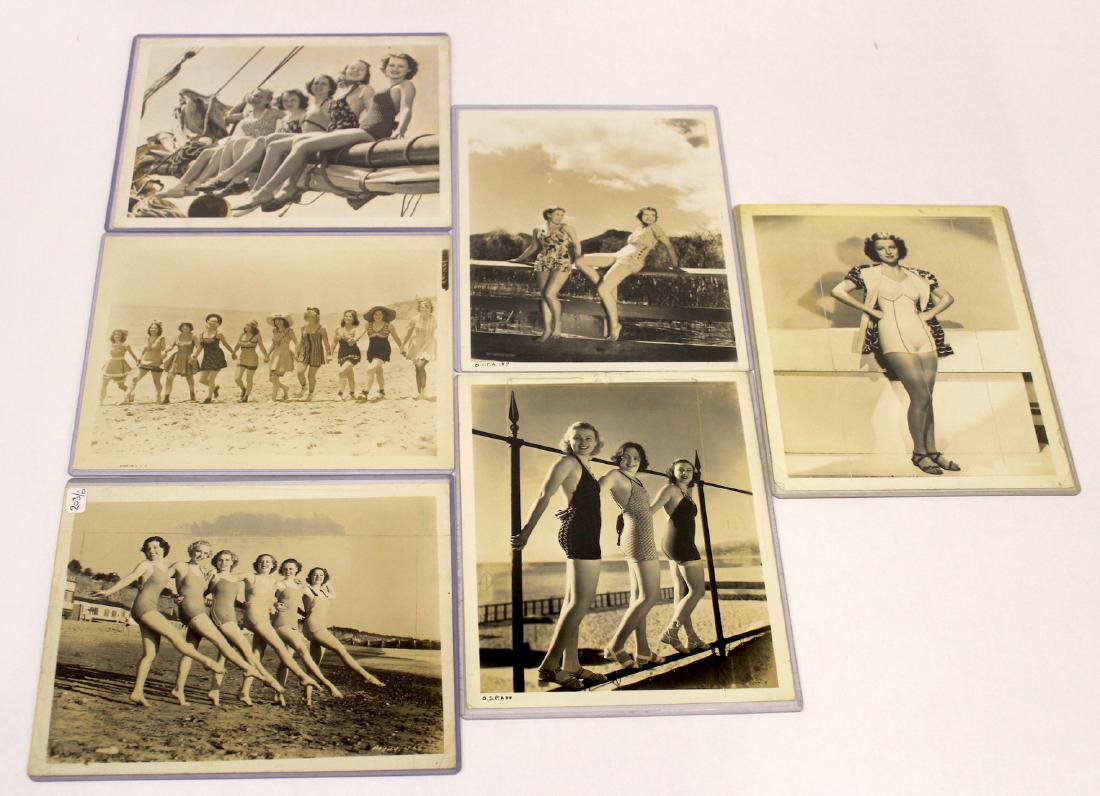 Vintage Bathing Beauty Photographs (6): 20th C. Fox Hollywood Cavalcade (Sennett and Brown) with complete cast listing on the back inc. Alice Faye; Ray Jones photo, Jean Rouverol and Polly Rowles with back stamp for photographer and Univers