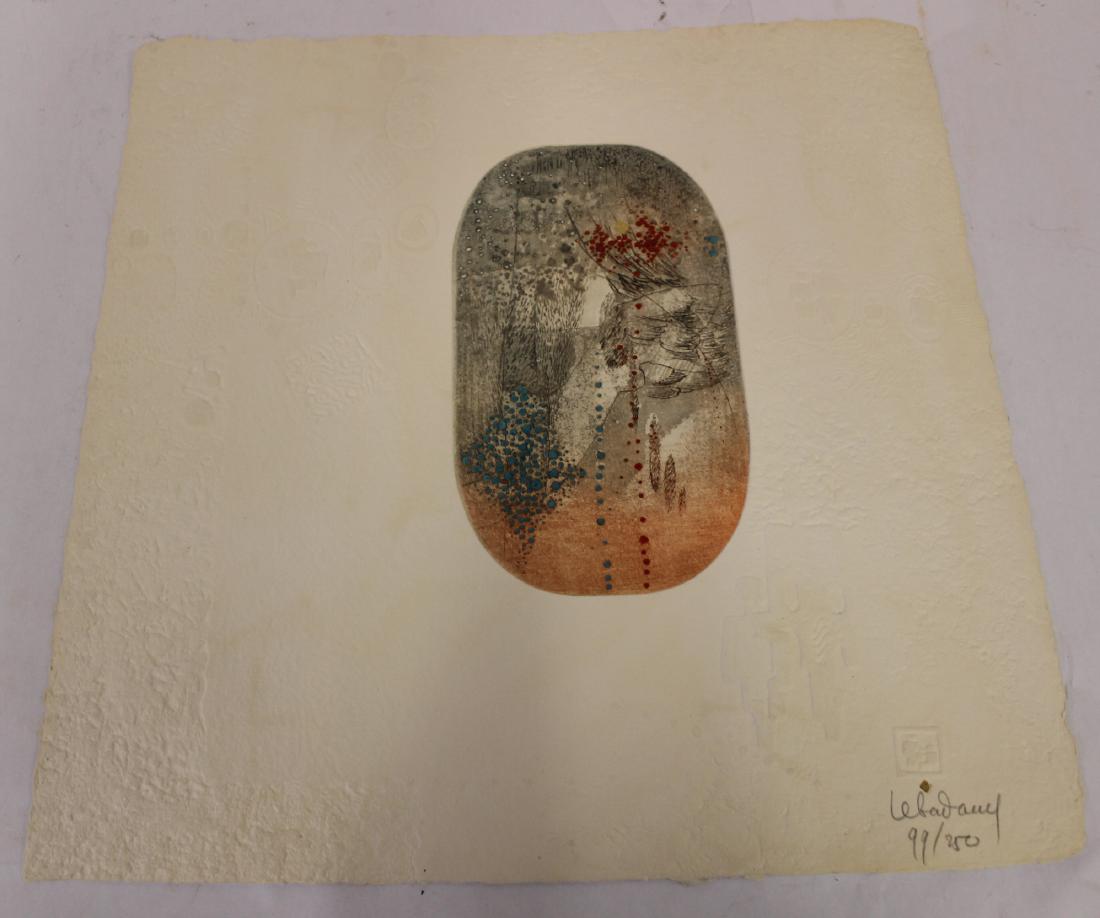 Labadang. Lithograph. Signed.: Vietnamese artist. Lived in Paris. Numbered 99/250. With seal impressed into paper. Unusual embossed paper background. 20"H. x 20"D/