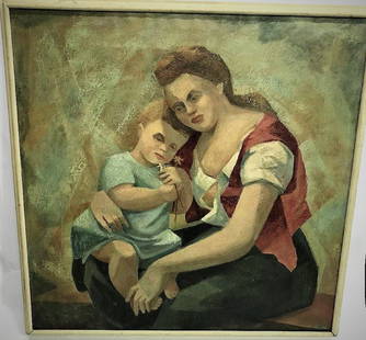 Adam Wasicki. Oil. Mother & Child. Honoring Picasso: Adam Wasicki. " Mother and Child" Oil on Canvas. Honoring Picasso Pink Period. Essex Art Association label at the reverse. 36"H. x 36"D.