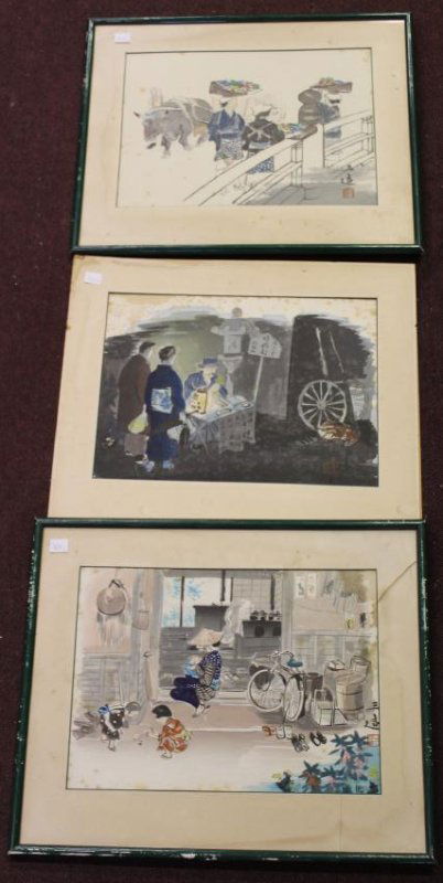 20th C. Japanese Watercolors (3): All the same artist, (unknown here), of the early 20th century, about 1920-25. All signed and with artist seal, all in decent condition. One in decent frame, one in matching frame but a crack in the r