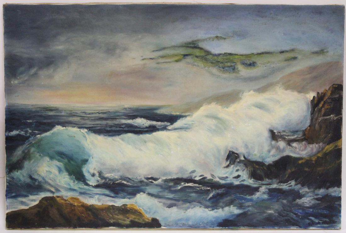 Robert Wood. Oil. Misty Isle. Signed: Oil on canvas. "Misty Isle Off a Rocky Shore" Signed Robt Wood. 24" x 36" .