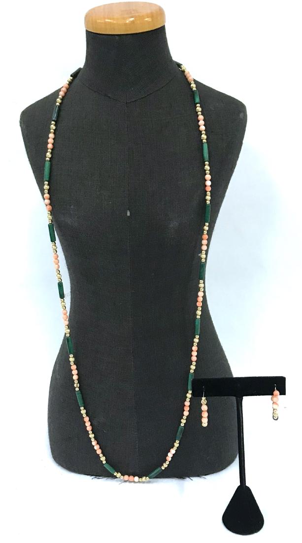Coral Bead, Malachite Neckklace and Earrings: Earrings are hoop earrings for pierced.