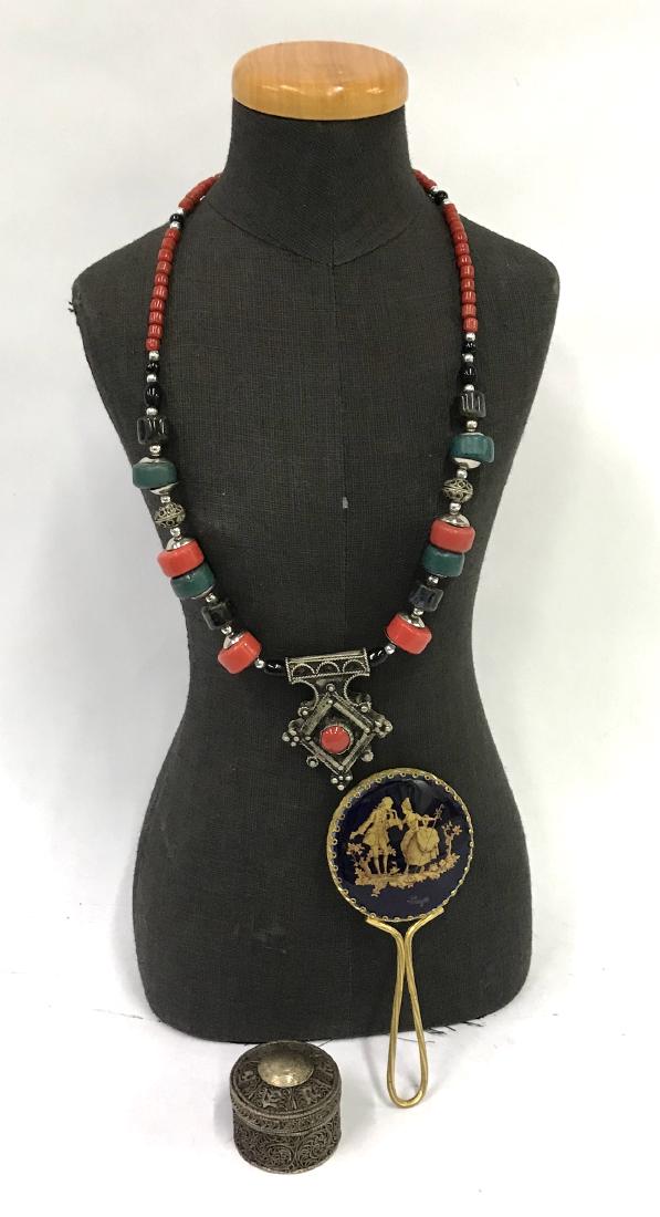 Collector or Dealer's Lot Mirror, Box, Necklace: A gilt decorated hand mirror; a filigreed Chinese covered box and a coral and jade bead necklace in the Persian style