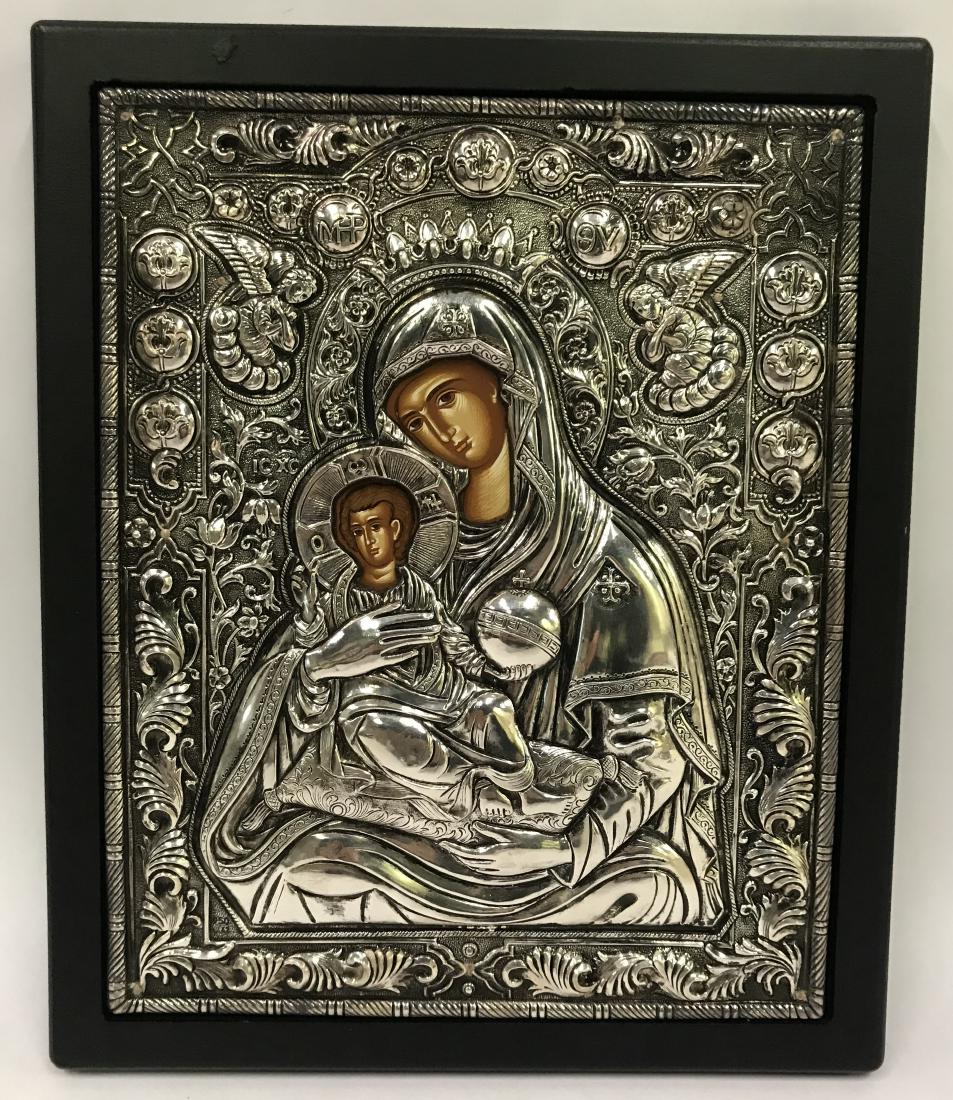 Russian Icon. 950 Silver on Wood Panel. (1 of 2)
