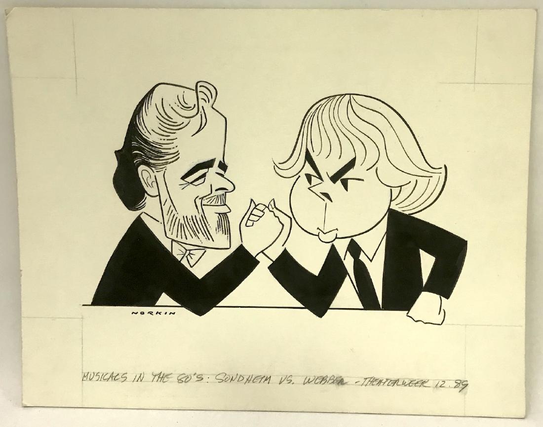 Sam Norkin Original Illustration Signed: Musicals in the 80's. Sondheim vs. Webber. For Theatre Week Dec. 89 11 x 14