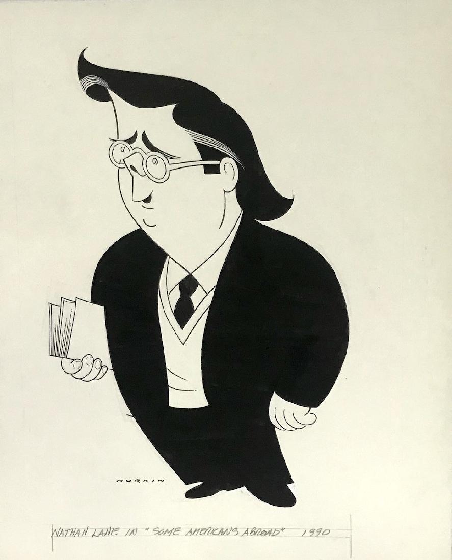Sam Norkin Original Illustration. Signed: Nathan Lane in Some Americans Abroad. 1990. 16 x 13.5