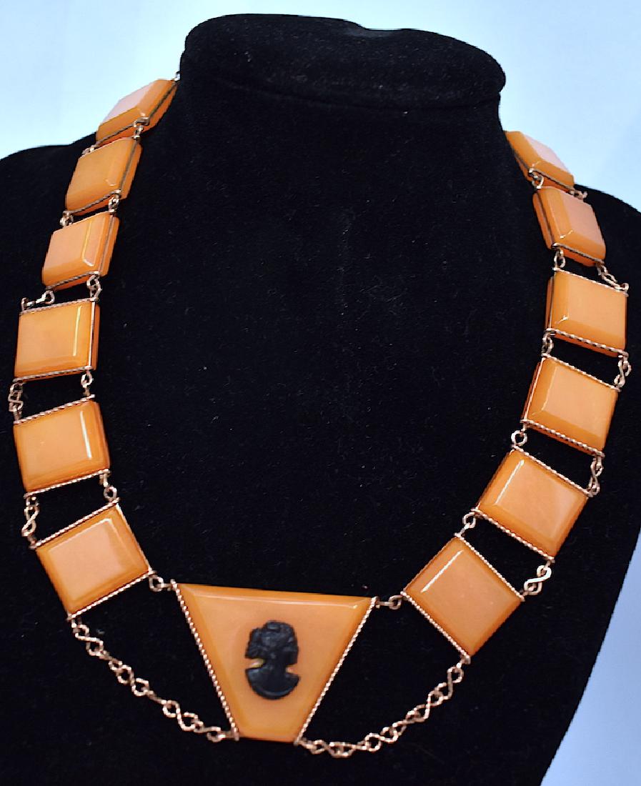 Unusual Antique Bakelite Necklace and Bracelet: Cameo mount. 15 1/2"L and 8"L