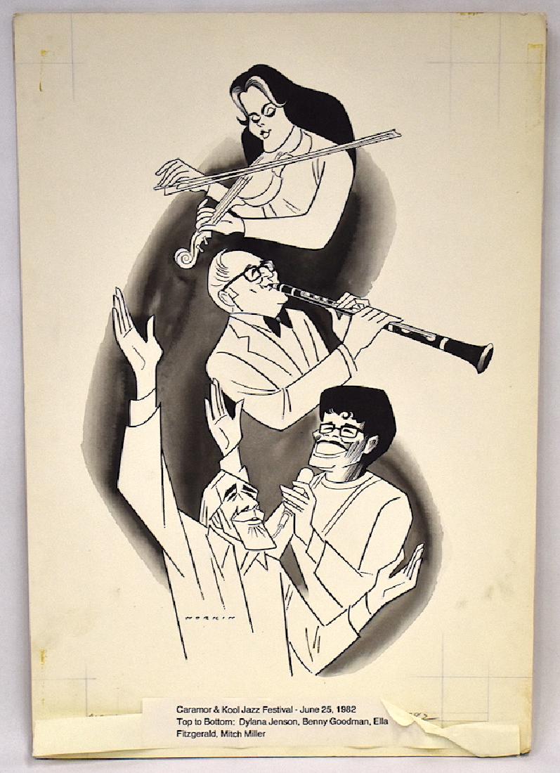 Sam Norkin Original Illustration. Signed: Caramoor and Kool Jazz Festival-June 25, 1982. Depicts Dylana Jenson, Benny Goodman, Ella Fitzgerald, and Mitch Miller. 16 1/2" X 11 1/2"