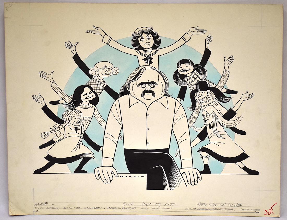 Sam Norkin Original Illustration. Signed.: Annie. Sun. July 17 1977. Diana Barrows, Rubyn finn, Donna Graham, Andrea McArdle all depicted as well as author Thomas Meehan, Danielle Brisebois, Shelley Bruce and Janine Ruane. 18 x 23