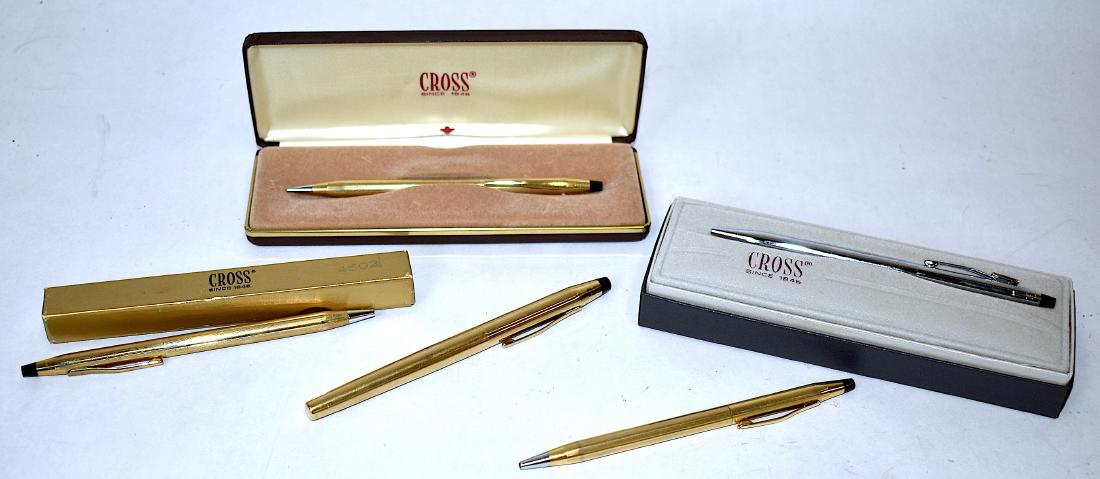 Mark Cross Ball Point Pens, (5), 3 in orig. boxes.: One silver tones and four gold toned.
