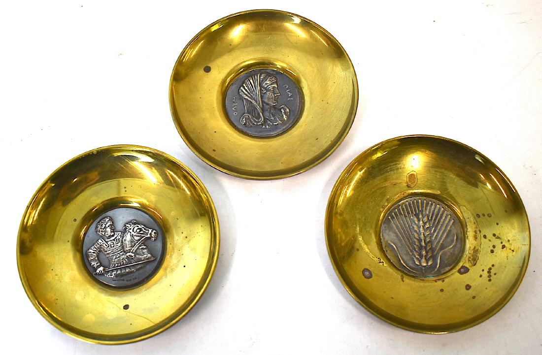 Sterling Silver Trays. Pictoral Centers.: Marked 925. Laounis. (2) Marked 900 Silver Laounis (2). Heavy weight. Three in the lot. 4 3/4"D.