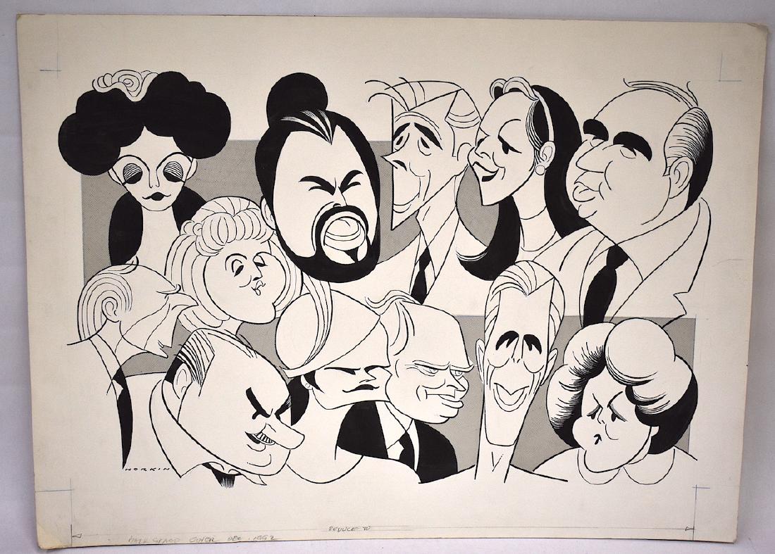 Sam Norkin Original Illustration. Signed: Performers Interviewed on the Occasion of Back Stage's 30th Anniversary. Depicted at the top are Carole shelley and Mia Dillon (The Miser); Francis Ruivivar (Shogun); Michael Allinson, Jane Alexander