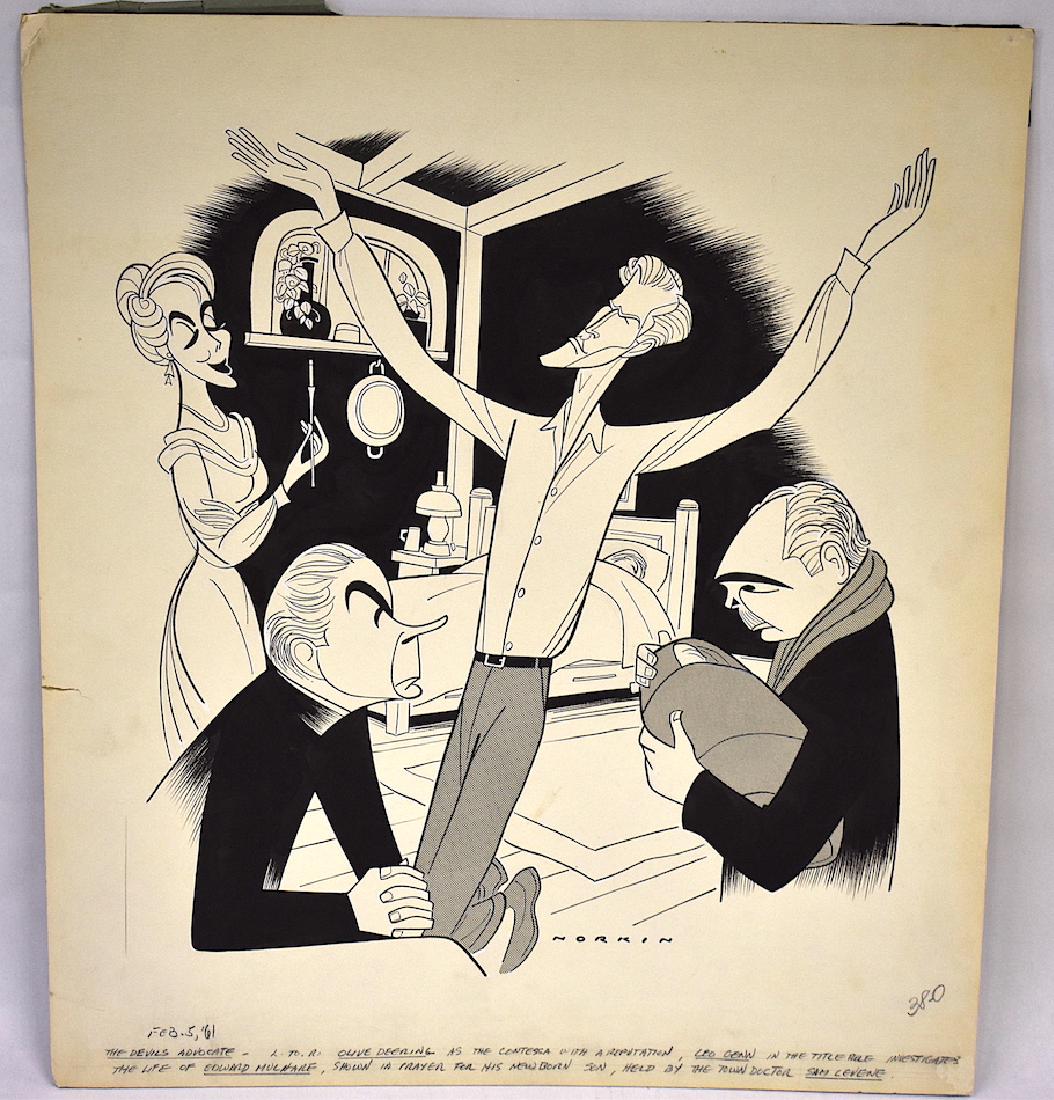 Sam Norkin Original Illustration. Sgd.: The Devil's Advocate. Olive Deering as The Contessa with a Reputation; Leo Gebb in the title role, Investigator.. The Life of Edward Mulharf, shown in prayer for his newborn son, held by the town doct
