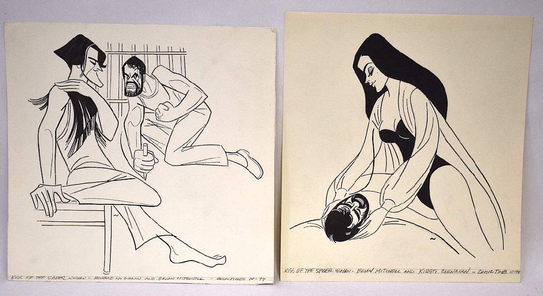 Sam Norkin Original Illustrations. Sgd. N (2): Kiss of the Spider Woman, Brian Mitchell and Kirsti Carnahan for The Comic Times, Oct. '94. Unusual signature lower right, capital N. Two Norkin illustrations in the lot. 15 x 13 1/2" and 14 1/4 x 14 