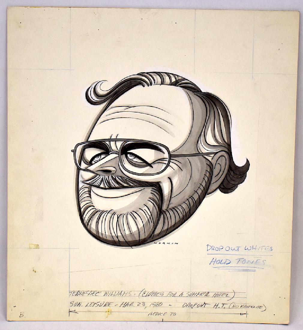Sam Norkin Orig. Illustration. Tennessee Williams: Tennessee Williams. Clothes for a Summer Hotel. For Sunday Leisure. Mar. 23, 1980. 16 x 14