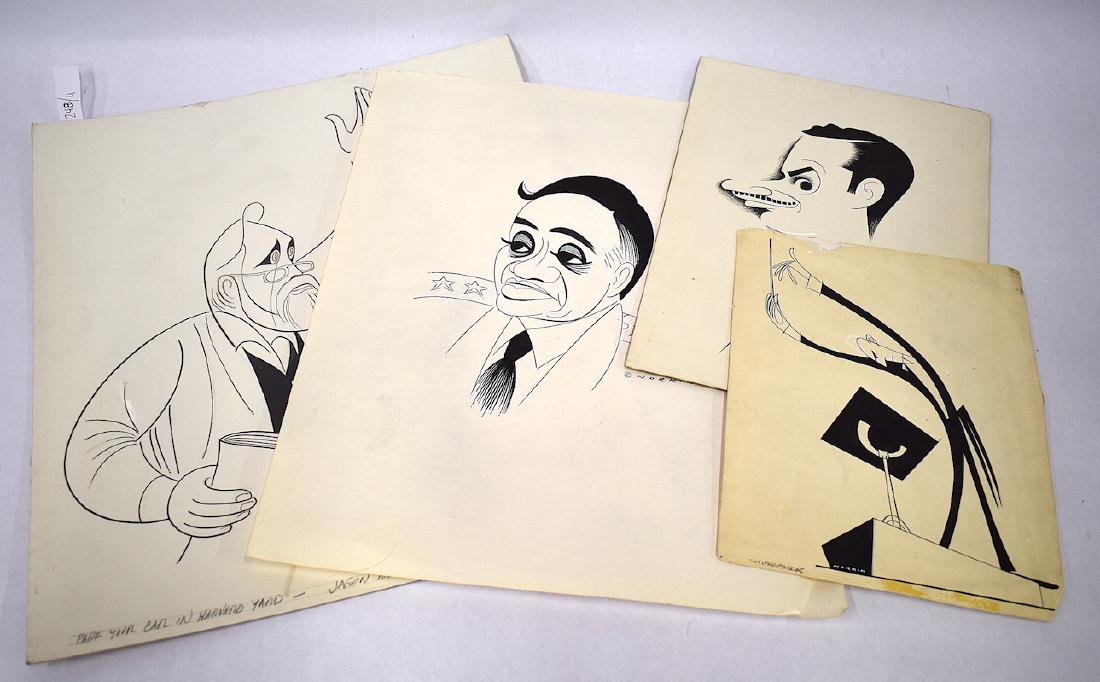 Sam Norkin Original Illustrations. Signed (4): Two star general (bent corner); Mitropoulos, conductor (missing corner); Keenan Wynn, 1947; Park Your Car in Harvard Yard, Jason Robards and Judith Ivey 1991. Four in the lot. Varying sizes. 10 1/2" x