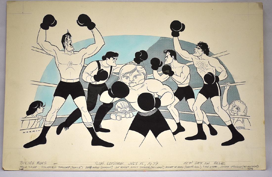 Sam Norkin Original Illustration. Signed.: Boxing Films for Sunday Leisure July 15, 1979. Talia Shire, Sylvester Stallone (Rockly II) Jon Voight, Ricky Schroder (The Champ); Robert De Niro (Raging Bull); Ryan O'Neal ; Barbra Streisand (The Mai