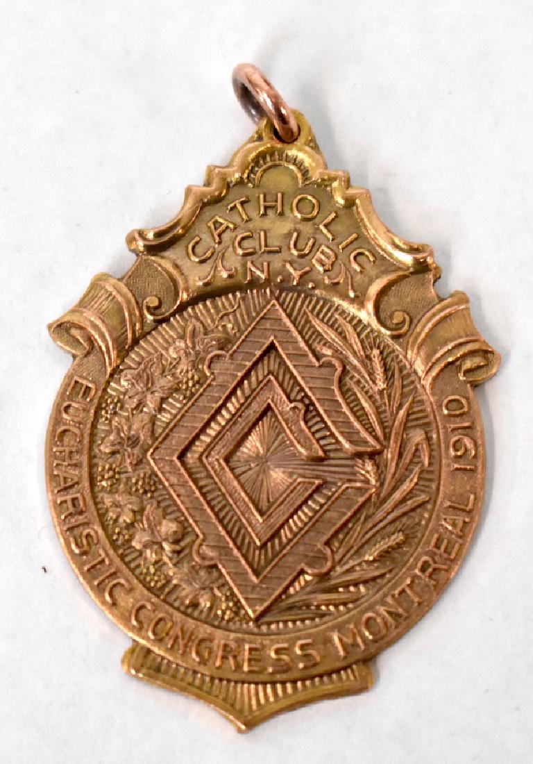 Dieges & Clust NY Bronze Medal Pendant C. 1910: Catholic Club NY Eucharist Congress Montreal 1910 Marked at the back Dieges & Clust John St. NY. With a loop for wearing as a pendant. 2"H.