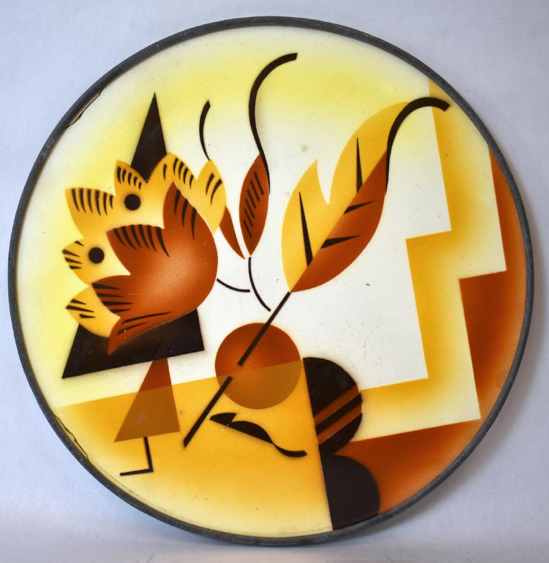 Spritzdekor Art Deco Ceramic Trivet: Marked at the underside with the numbers 7A and a two tower symbol with 28A. Germany 2205. 11"D