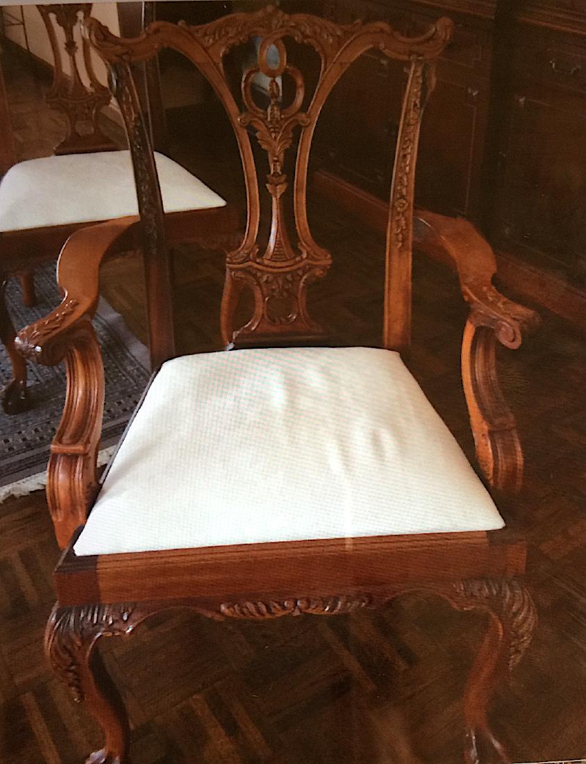 Cherrywood Chippendale Style Dining Chairs (12): Best quality cherrywood Chippendale style dining chairs, a set of ten, ornate openwork carved backs, front ball and claw feet, upholstered seats. Two armchairs and ten sidechairs. Purchased decades ag
