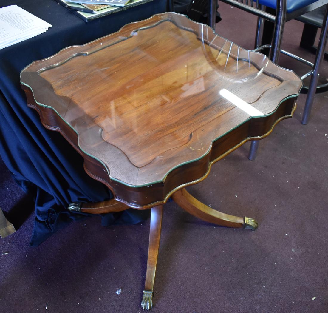 Pair of Duncan Phyfe Style Lift Top Table (2): Brass paw terminations to the four footed base. Size 28 1/2"H Top 25"X25"