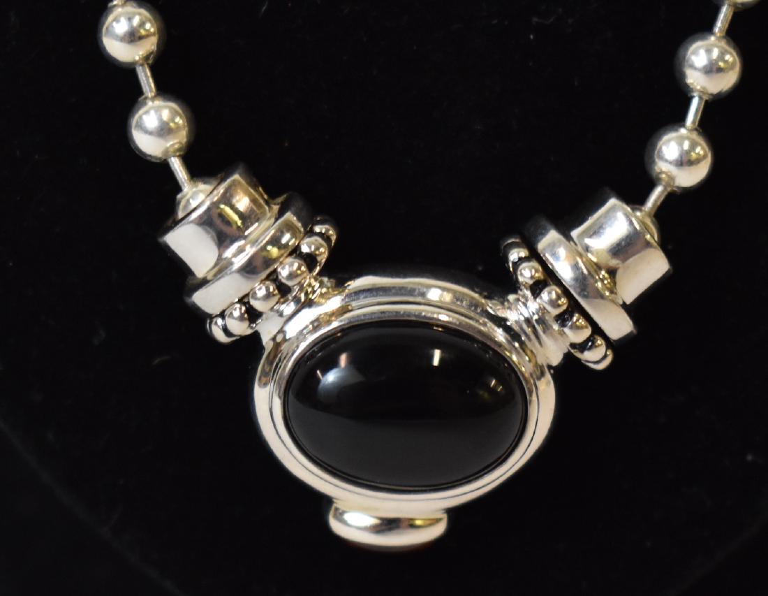 Sterling Silver Necklace with Onyx and Amber: Marked 925 ESPO -SIG 1. 4 20"LPendant: 1" H X 1 1/4" W