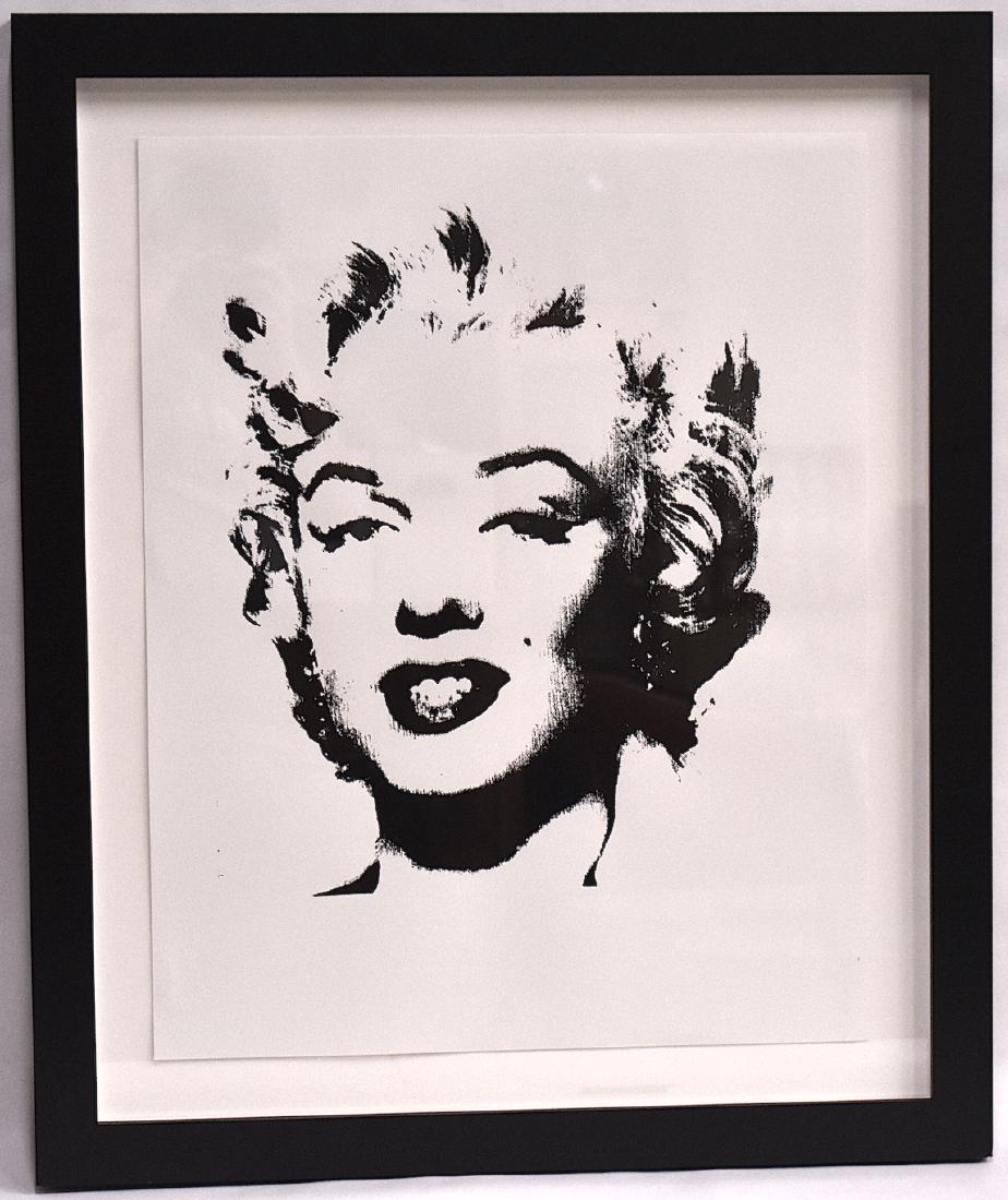 Andy Warhol Silkcreen. Marilyn Monroe. Sgd.: Andy Warhol Silkscrren. Opening at back shows Andy Warhol signature in pencil. Black and white striking image of Marilyn Monroe. 24'H. x 19"W. (image). Overall size. 30" x 25 1/4"