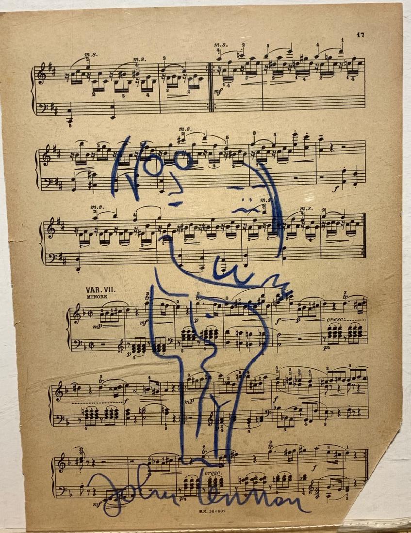 John Lennon; 20thC. Crayon Sketch - John and Yoko: Crayon on old sheet music. Sketch of John and Yoko. Signed; 9in. X 6in.(image), 12.5in. X 9in.(paper)