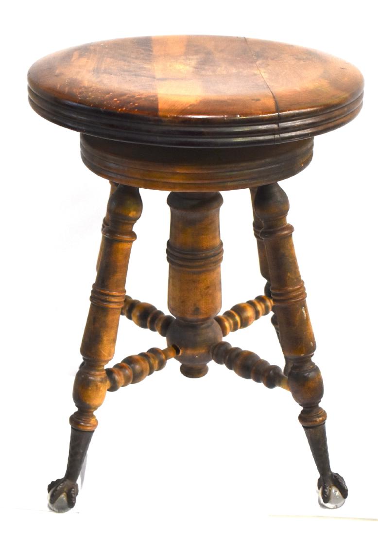 Victorian Swivel Top Piano Stool: Glass and brass ball and claw feet. 19 1/2"H. 15"D (seat)