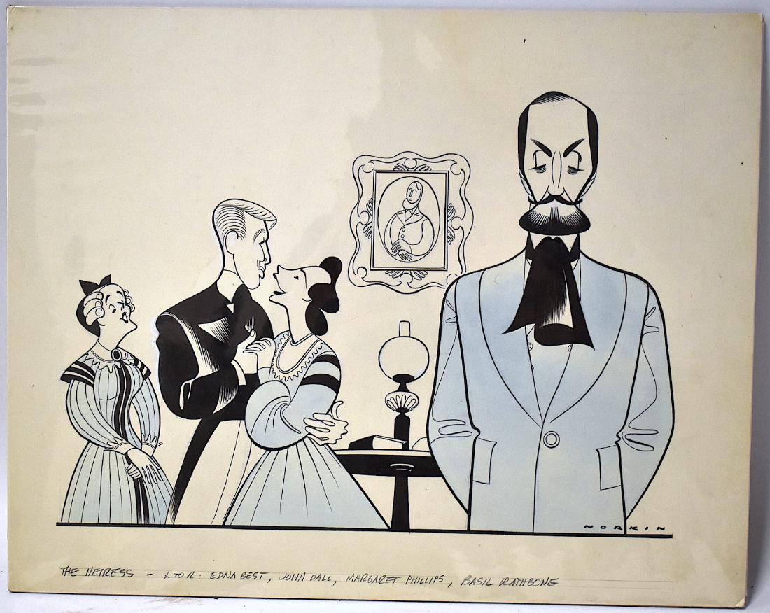 Sam Norkin Original Illustration. The Heiress: Edna Best, John Dall, Margaret Phillips; Basil Rathbone. Sgd. L.R. 12 1/4" x 15 1/2"