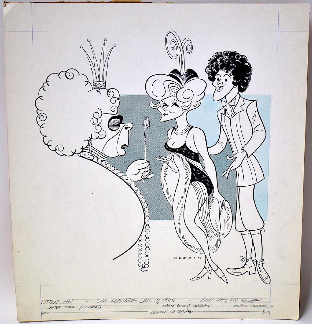 Sam Norkin Original Illustration. James Coco in Drag: 1982. With Mary Gordon Murray, Victor Garben. Sgd. L. R. 20 1/2" x 19"