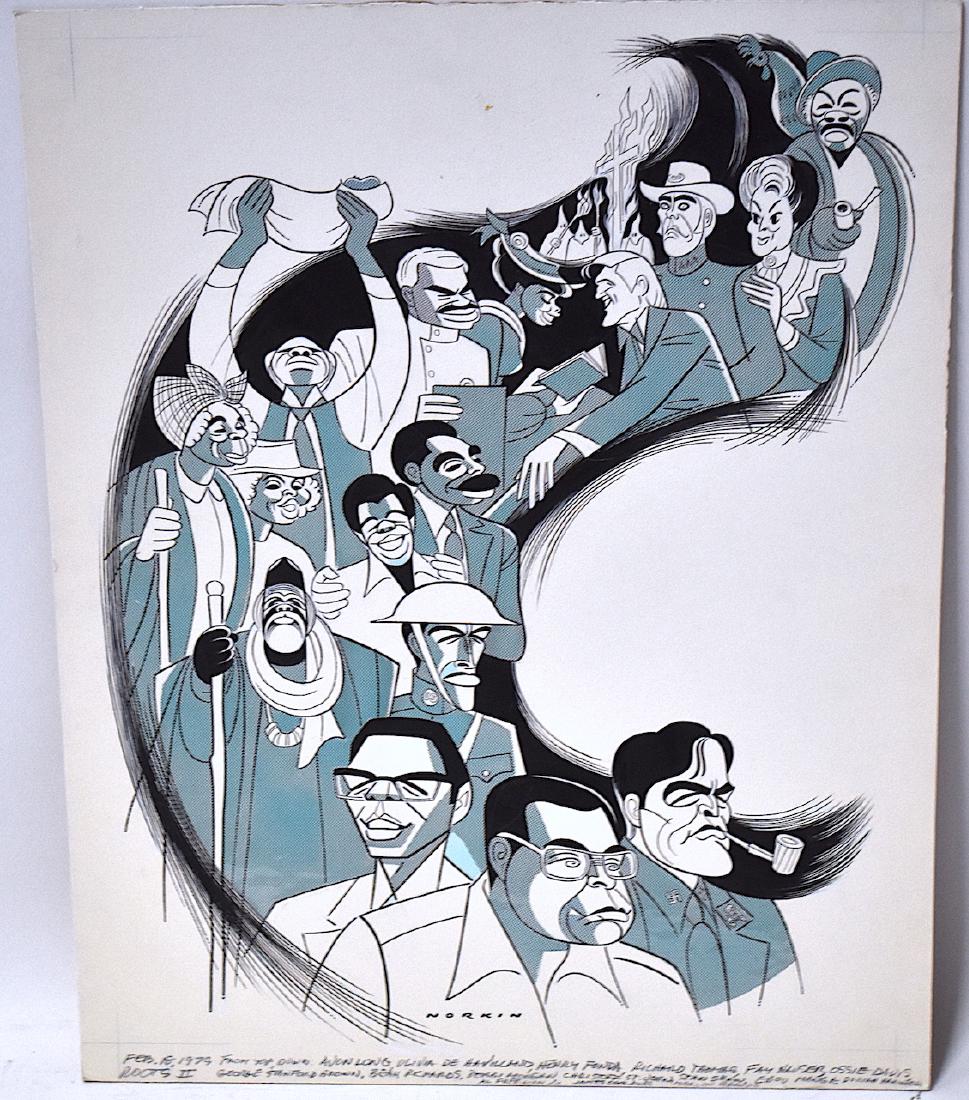 Sam Norkin Original Illustration. Roots II.: 1979. Avon Long, Olivia DeHavilland, Henry Fonda, Richard Thomas, Fay Hauser, Ossie Davis, George Stanford Brown, Beah Richards, Debbi Morgan, Christoff St. John, Stan Shaw, Ebou Manga, Dorian Harwood