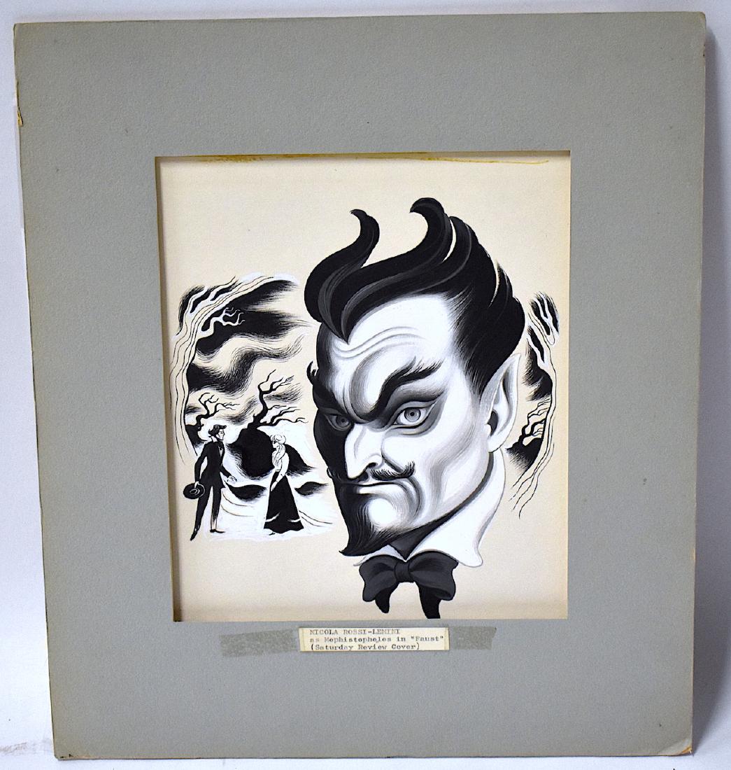 Sam Norkin Original Illustration. Faust. Sgd.: Nicola Rossi-Lemini as Mephistopheles in Faust . Drawn for a Saturday Review Cover. Sam Norkin stamp on the reverse. 9 3/4" x 7" (image). Matted making overall size larger.