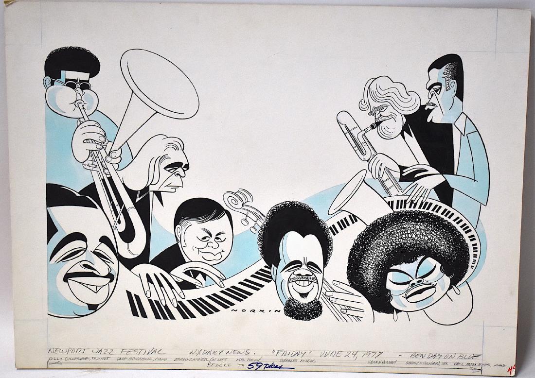 Sam Norkin Original Illustration. Newport Jazz. Sgd.: Newport Jazz Festival drawn for The New York Daily News, June 24, 1977. Dizzy Gillespie on trumpet; Dave Brubeck at the piano; Erroll Garner with Mel Torme, Charles Mingus, Sarah Vaughn, Earl Hines. S