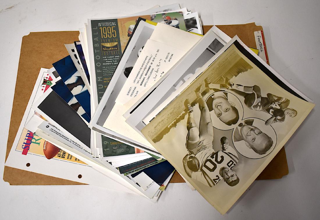 Collector or Dealer's Lot of Football Memorabilia (64): Photo 1959 Rice vs. Louisiana State, Bicek, Cannon, Red Grange, Nelson with NBC publicity snipe; 79 Ken Anderson card; photo, Wm. Refrigerator Perry; ABC commentators, Broyles and Jackson; Action Pack