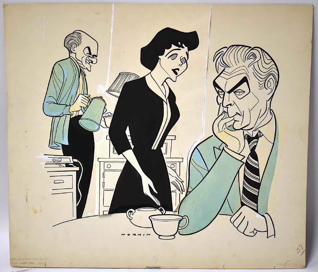Sam Norkin Original Illustration. Greatest Man Alive: For Drama page, May 5, 1957. Signed Lower Middle. 17 1/2" x 19 1/2"