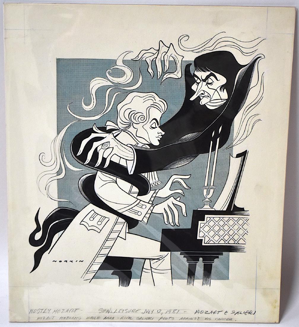 Sam Norkin. Original Illustration. Signed: Mostly Mozart. July 11, 1981. Mozart and Salieri. Mozart Performs while arch-rival Salieri plots against his careet. Signed L.L. 17 1/2" x 15 1/4"