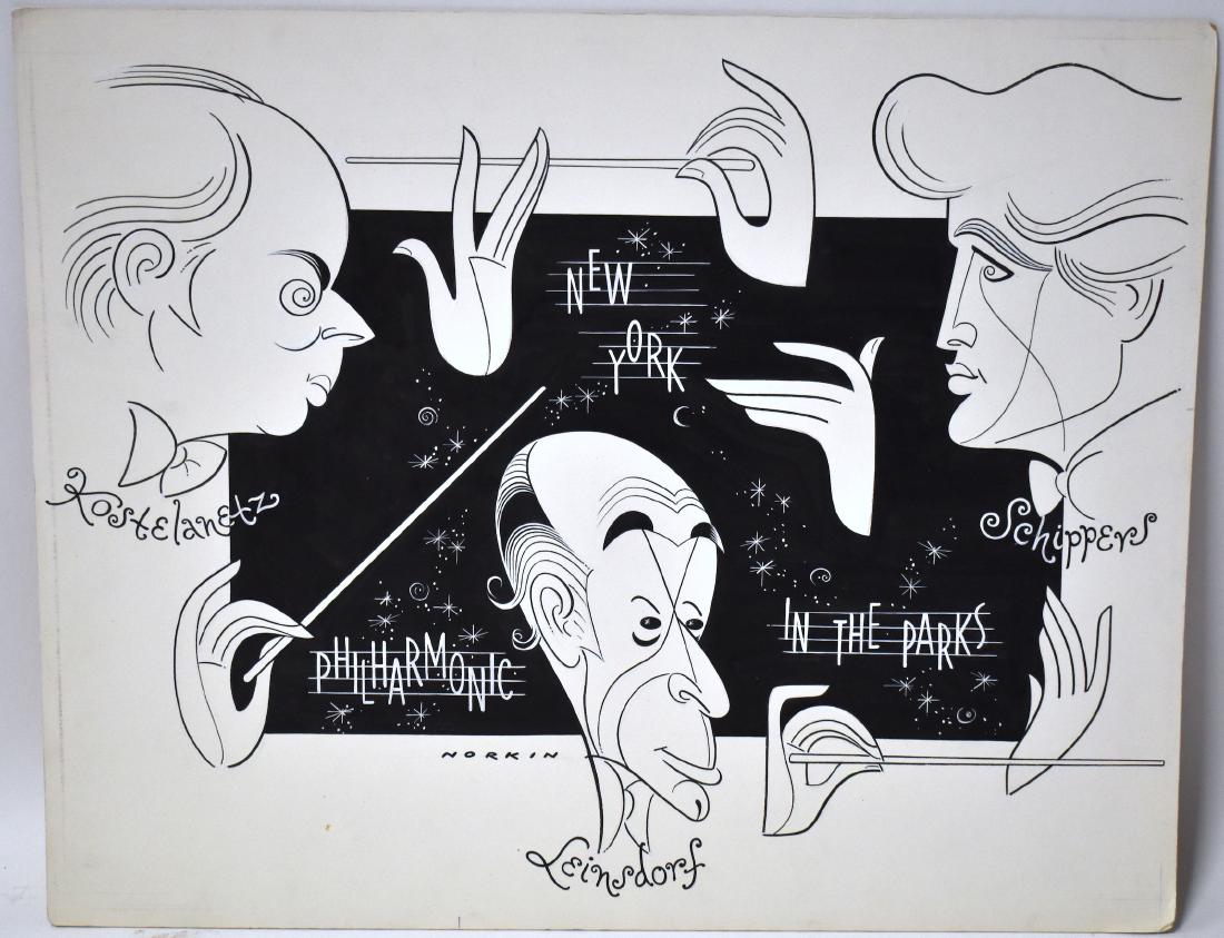 Sam Norkin Original Illustration. Signed: New York Philharmonic in the Parks. Kostelanetz. Leinsdorf, Shippers. Signed L. L. 16" x 21"