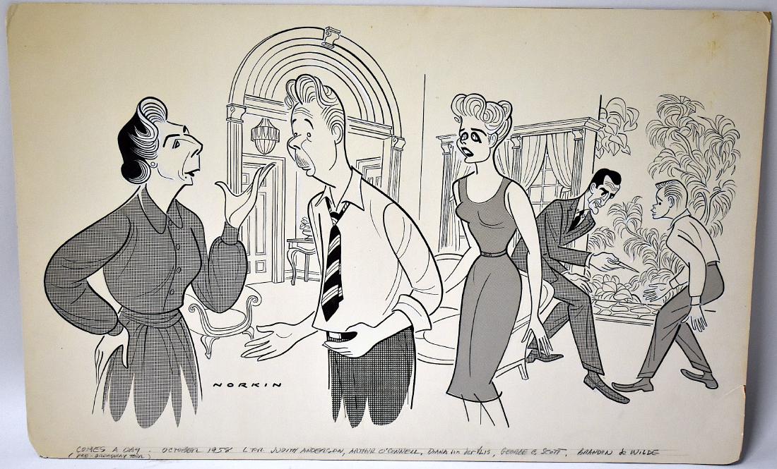 Sam Norkin Original Illustration. Signed: Comes A Day-October 1958. Judith Anderson. Arthur O'Connell. Diana Van Dervlis, George C. Scott, Brandon de Wilde, (Pre-Broadway Tour). Signed L.L. 16 1/4" x 26"