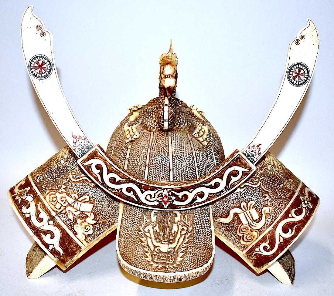 Fine Antique Bone Samurai Helmet Model: A Samurai helmet model, an honorary temple gift from a particular family clam. Crafted for temple appreciation, this outstanding faithful model is 3/4 size. Crafted of bone and natural tusk material. 