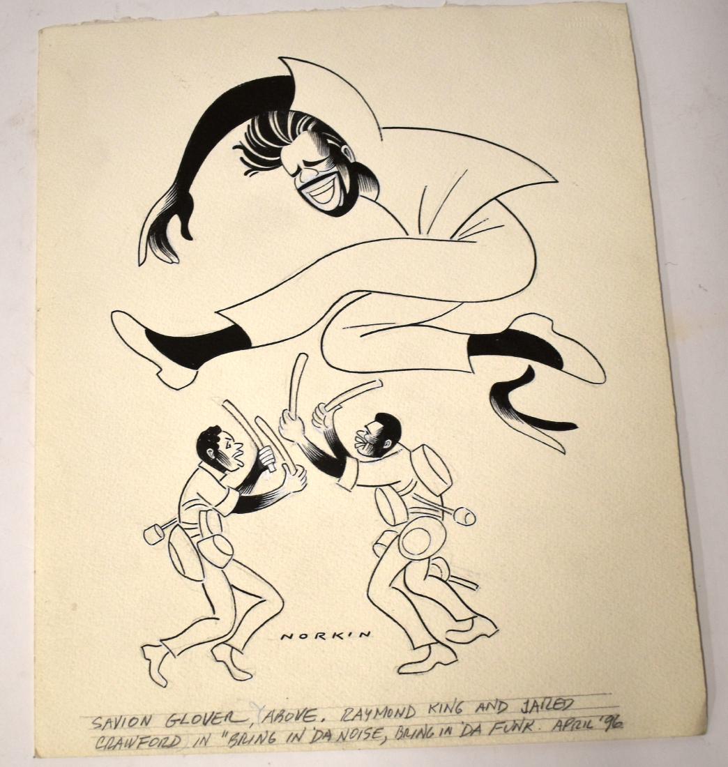 Sam Norkin Original Illustration. Signed: Savion Glover, Raymond King and Jared Crawford in "Bring in da Noise, Bring in da Funk." April 1996. Signed lower middle. 17 x 13 3/4"