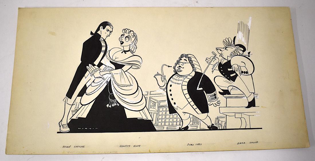 Sam Norkin Orig. Illus. She Stoops to Conquer. Sgd.: Brian Aherne; Celeste Holm; Burl Ives; Ezra Stone. Signed L.L. 11 1/4: x 22"
