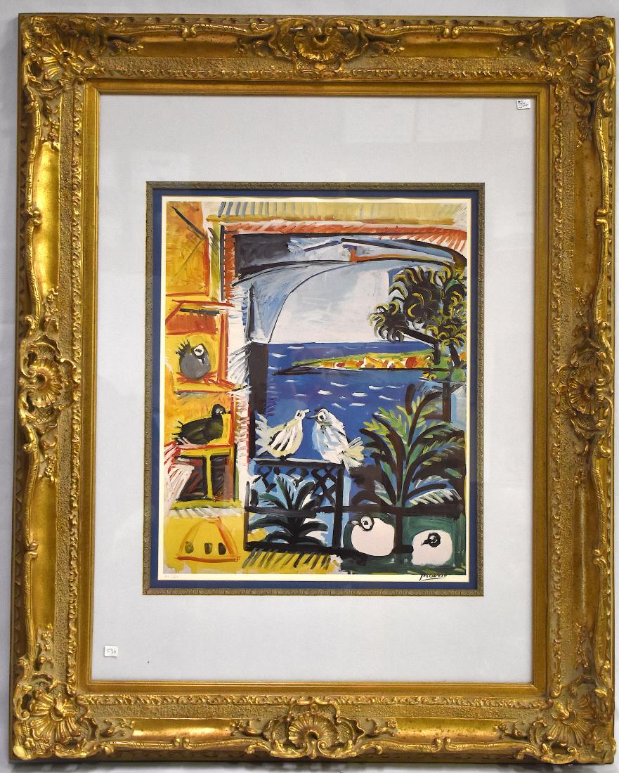 Picasso Ltd. Ed. Lithiograph. Sgd.: Signed in pencil L.R. Picasso.(in the margin) Numbered 94/500 Size of art work: 27"H X 22"W. Overall 50"H X 40 1/2"W. Gallery matted and framed in a gilded frame creating this large impressive work of