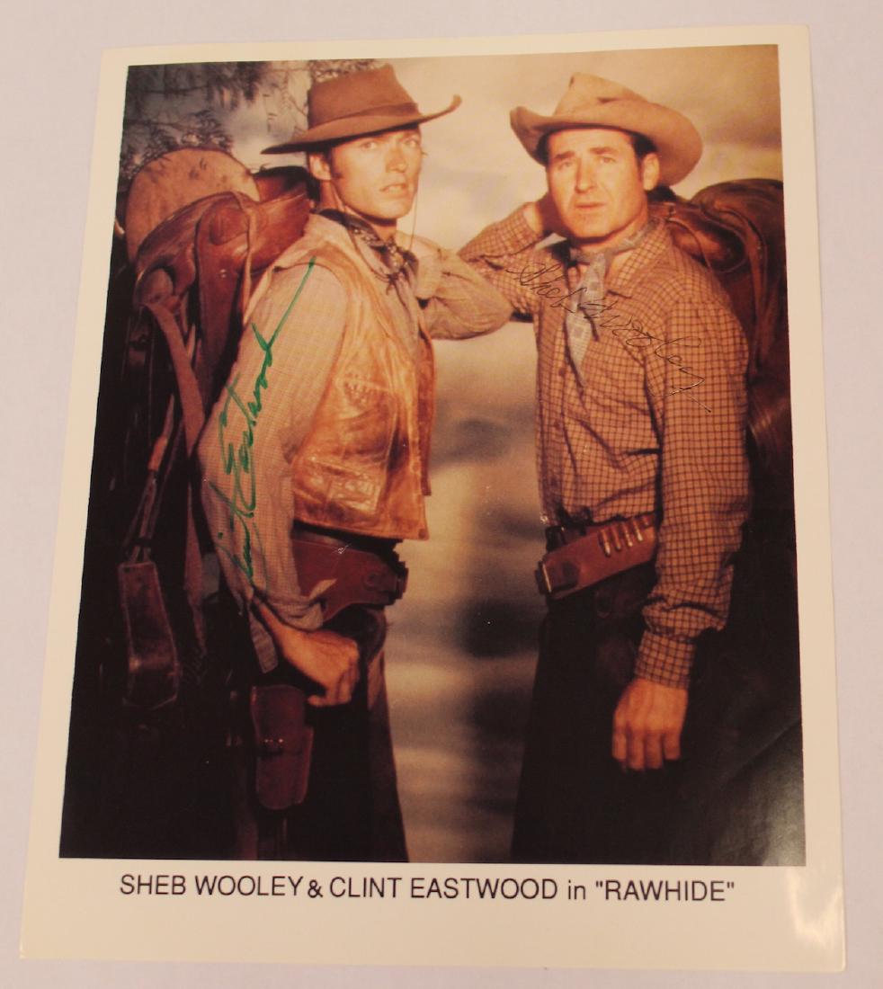 Clint Eastwood Sheb Wooley Autograph: In ink on photograph. Included is a Rawhide 12 cent magazine CBS 1963 with Eric Fleming cover and Clint Eastwood vignette lower right