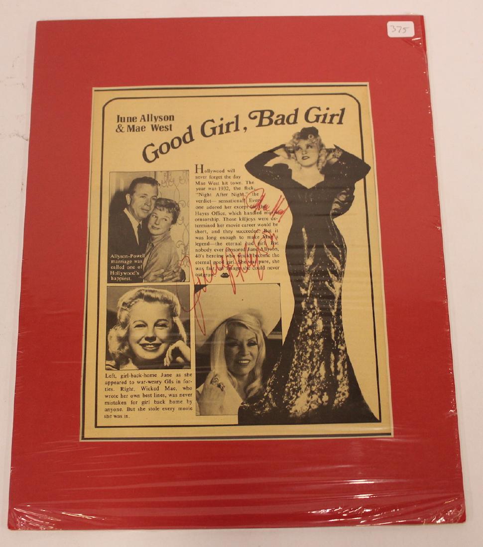 June Allyson. Mae West Autographs: In red ink on newspaper ad for "Good Girl, Bad Girl"