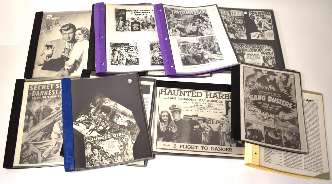 Twelve Movie Still Scrapbooks. Approx. 190 Photos: The lot contains Serial Pictorial #7 Secret Agent X-9 Universal 1945; Secret Service in Darkest Africa, Retitled Manhunt in the African Jungle; Tim Tylers Luck " 12 Amazing Chapters of Daring Jungle A
