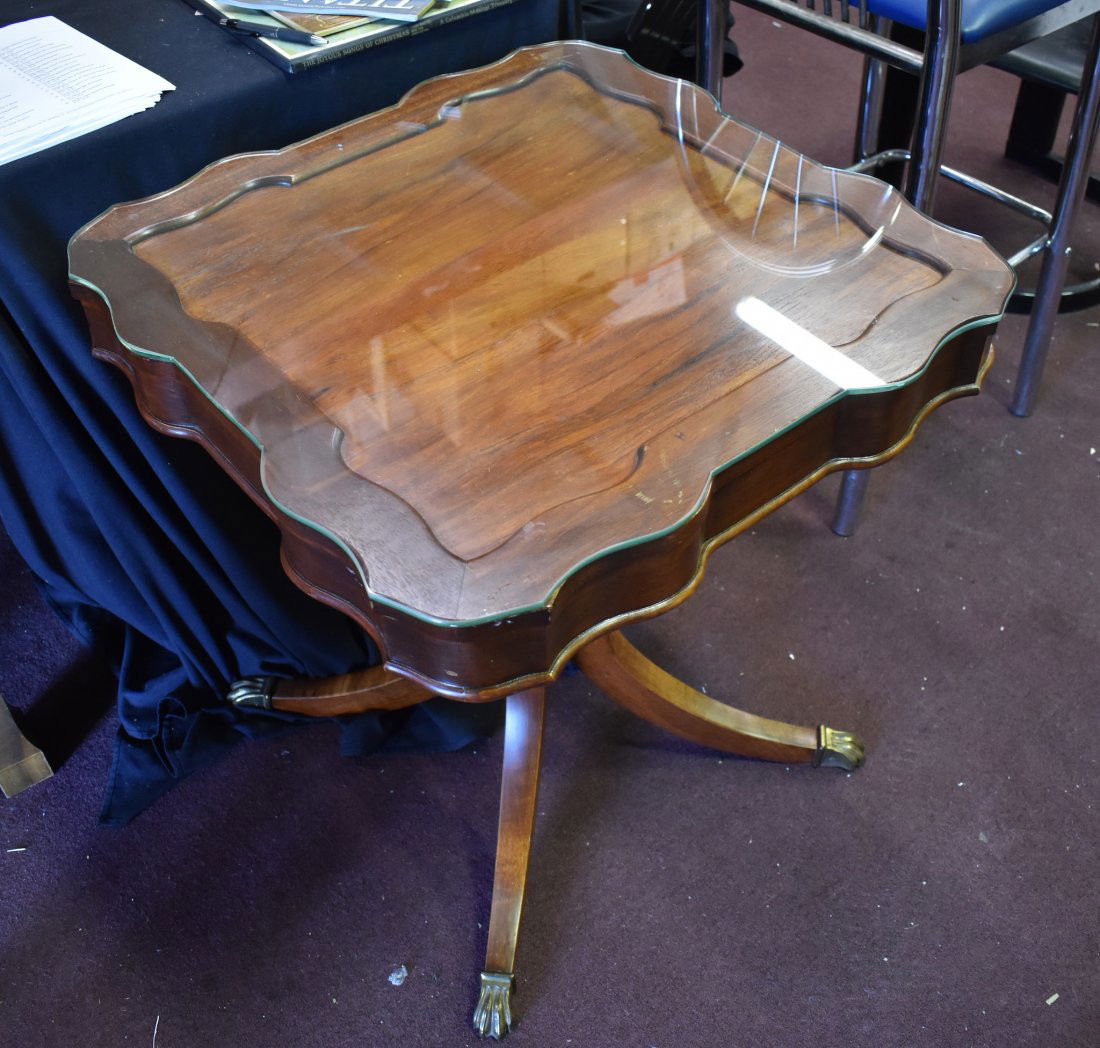 Pair of Duncan Phyfe Style Lift Top Table (2): Brass paw terminations to the four footed base. Size 28 1/2\"H Top 25\"X25\"