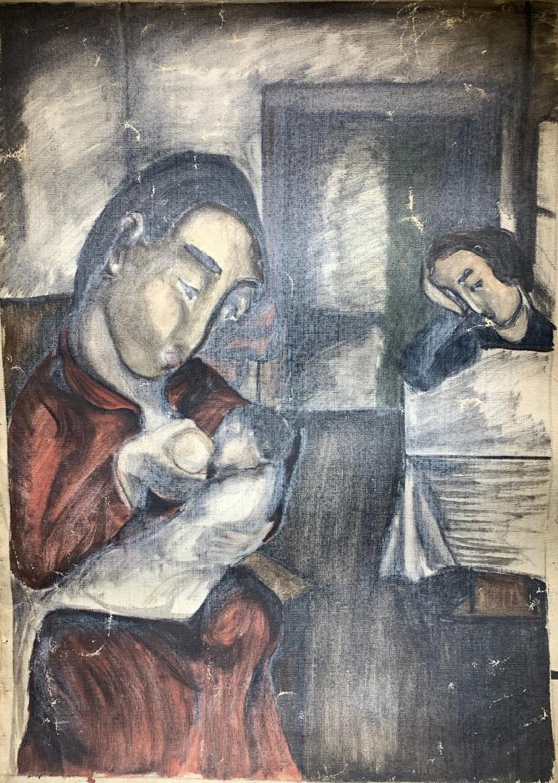 Max Weber(attributed to); 20thC. Modernist Oil -: Oil on unstretched canvas. Maternity. Attributed to Max Weber; 24.5in. X 17.5in.(image size)